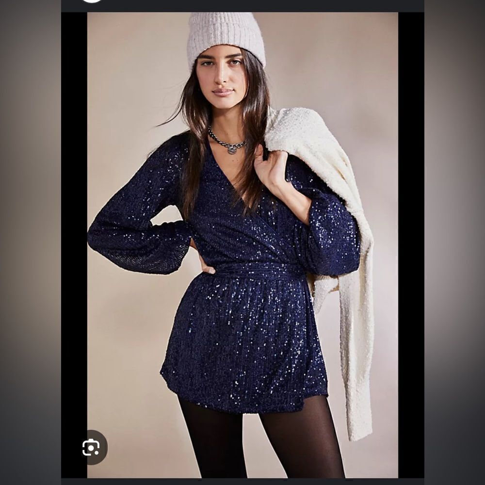 Free People Beaded Sequin Christa Long Sleeve Romper, Medium NWT